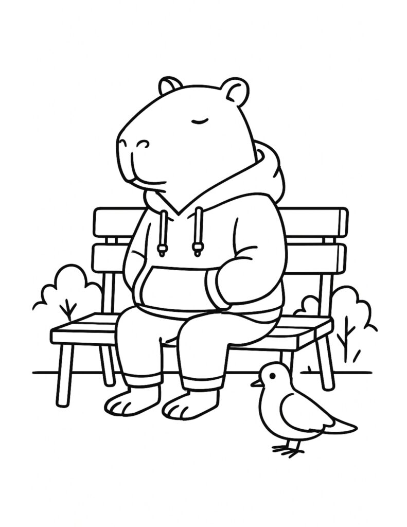 capybara wearing a hoodie sitting on a park bench with a small bird coloring page