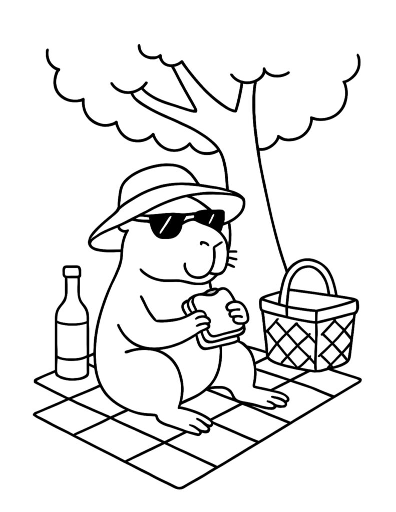 capybara picnic under a tree coloring page, capybara in sunglasses eating a sandwich on a picnic blanket, coloring page