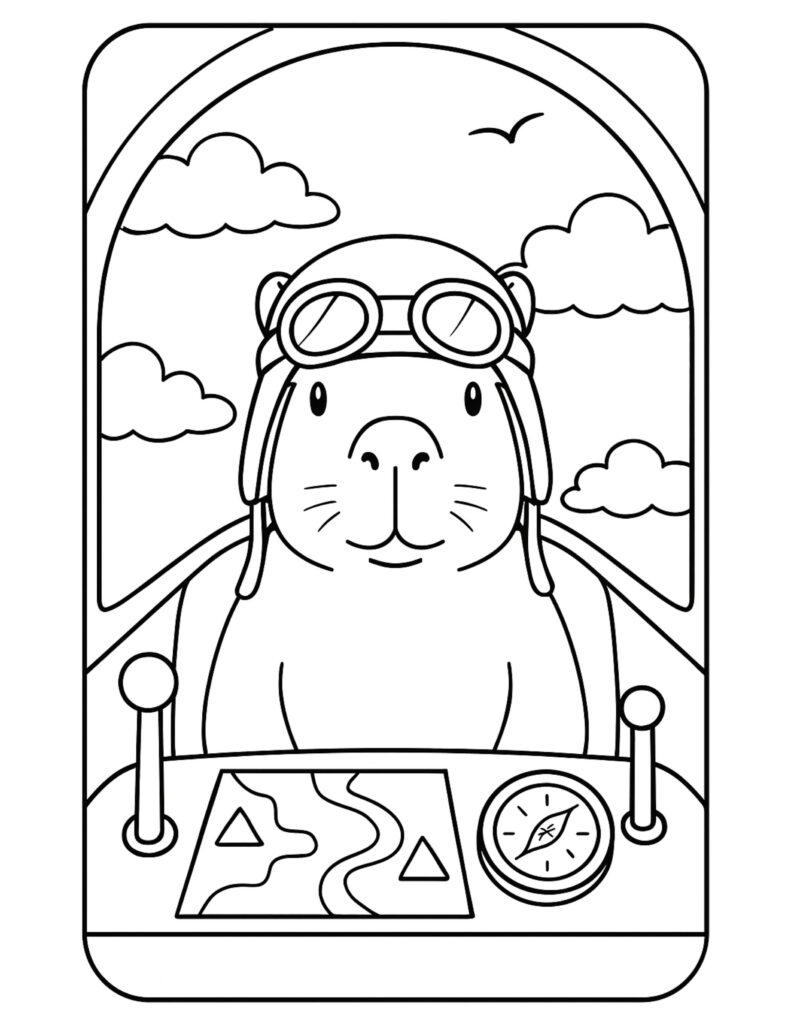 capybara pilot in cockpit coloring page featuring aviator goggles, dashboard map, compass, and clouds