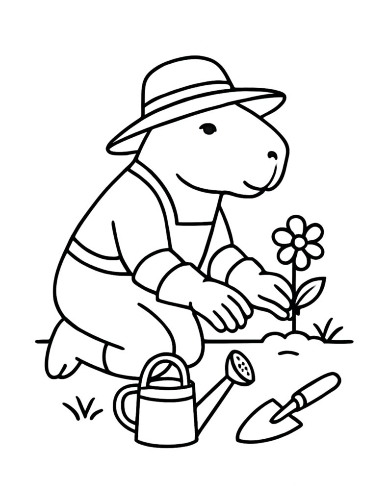 capybara planting a flower coloring page with hat, apron, watering can, and trowel, coloring page