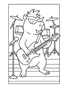 capybara playing electric guitar on stage coloring page with sunglasses, microphone stand, and drum kit background