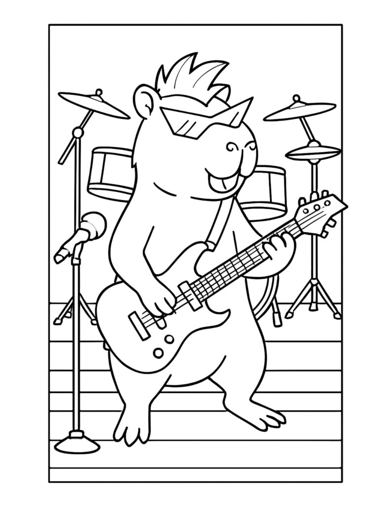 capybara playing electric guitar on stage coloring page with sunglasses, microphone stand, and drum kit background