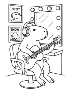 capybara playing guitar backstage dressing room coloring page with headphones and a lit vanity mirror