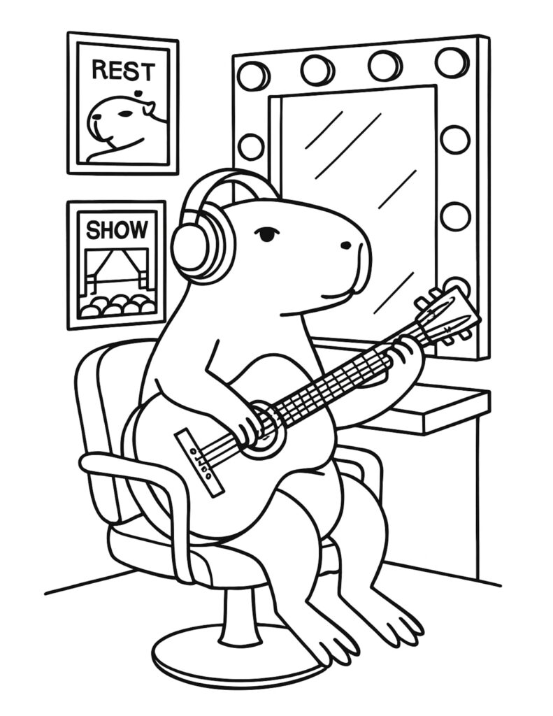 capybara playing guitar backstage dressing room coloring page with headphones and a lit vanity mirror