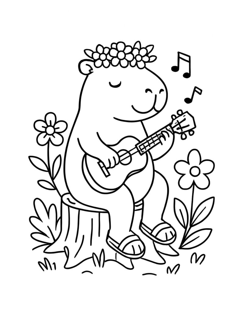 capybara playing ukulele with flowers coloring page, capybara with a flower crown on a stump with music notes, coloring page