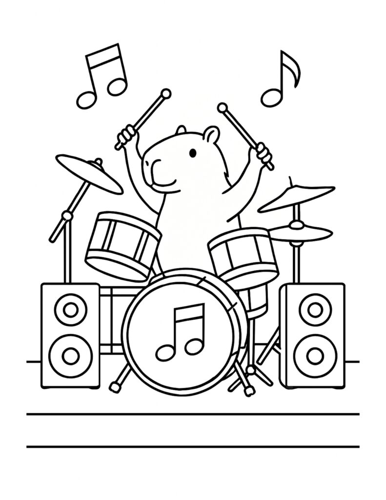 capybara raising drumsticks with music notes coloring page with drum kit, cymbals, and two speakers coloring page