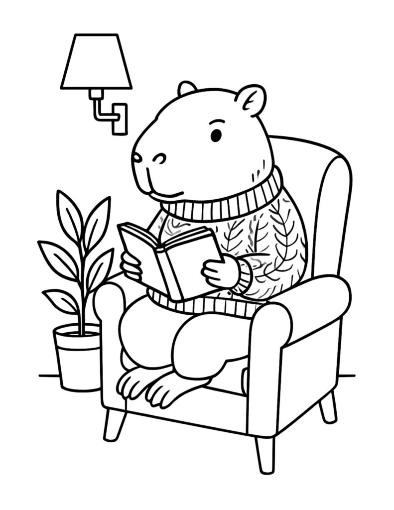 capybara reading a book in an armchair coloring page – sweater, wall lamp, and potted plant coloring page