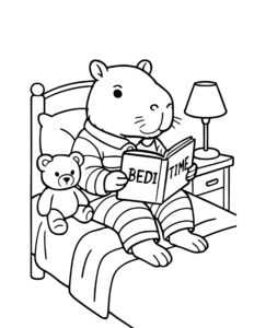 capybara reading bedtime book coloring page showing a capybara in striped pajamas reading in bed with a teddy bear and lamp, coloring page