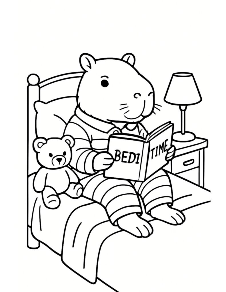 capybara reading bedtime book coloring page showing a capybara in striped pajamas reading in bed with a teddy bear and lamp, coloring page