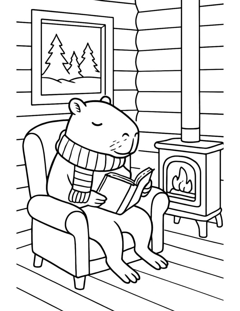 capybara reading by fireplace coloring page in an armchair with a scarf and book, cozy cabin stove, coloring page