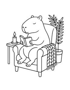 capybara reading in an armchair coloring page with book, candle, and blanket coloring page