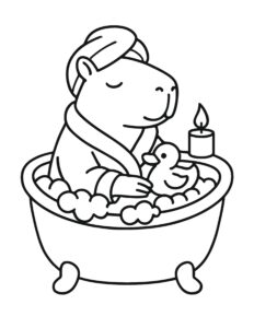 capybara relaxing in bathtub coloring page with a calm spa scene and candle