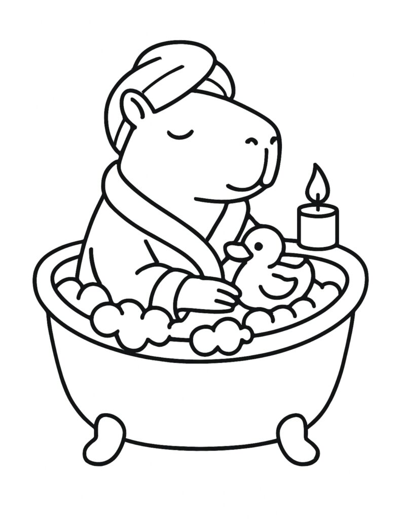 capybara relaxing in bathtub coloring page with a calm spa scene and candle