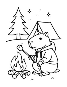 capybara roasting marshmallow by campfire coloring page with a tent, pine tree, and stars