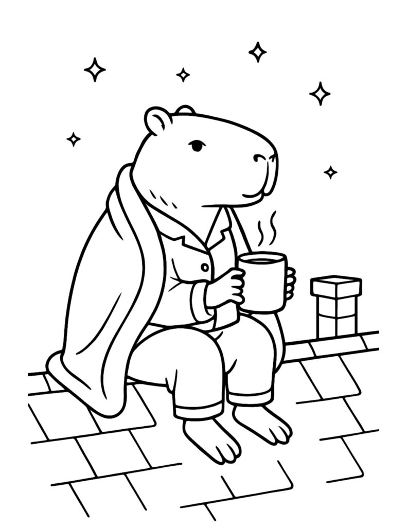 capybara sipping cocoa on rooftop coloring page, capybara in pajamas under a blanket holding a steaming mug at night, coloring page