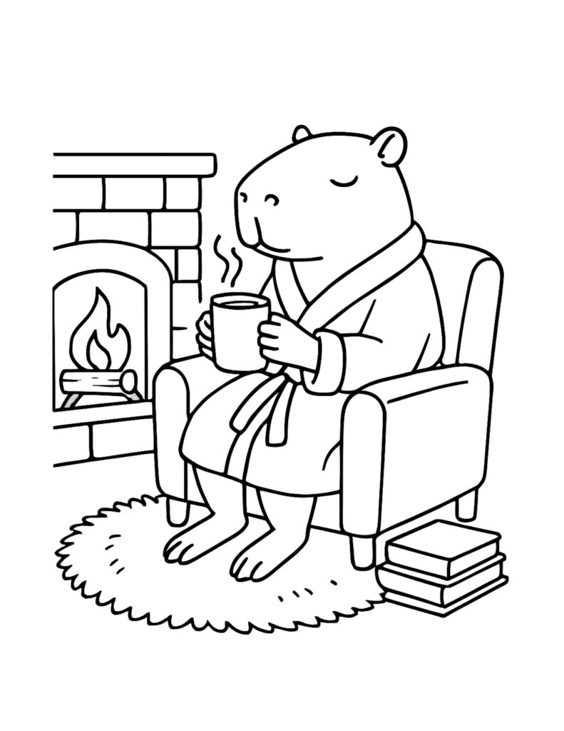 capybara sipping tea by fireplace coloring page, cozy robe in an armchair with steaming mug and books coloring page