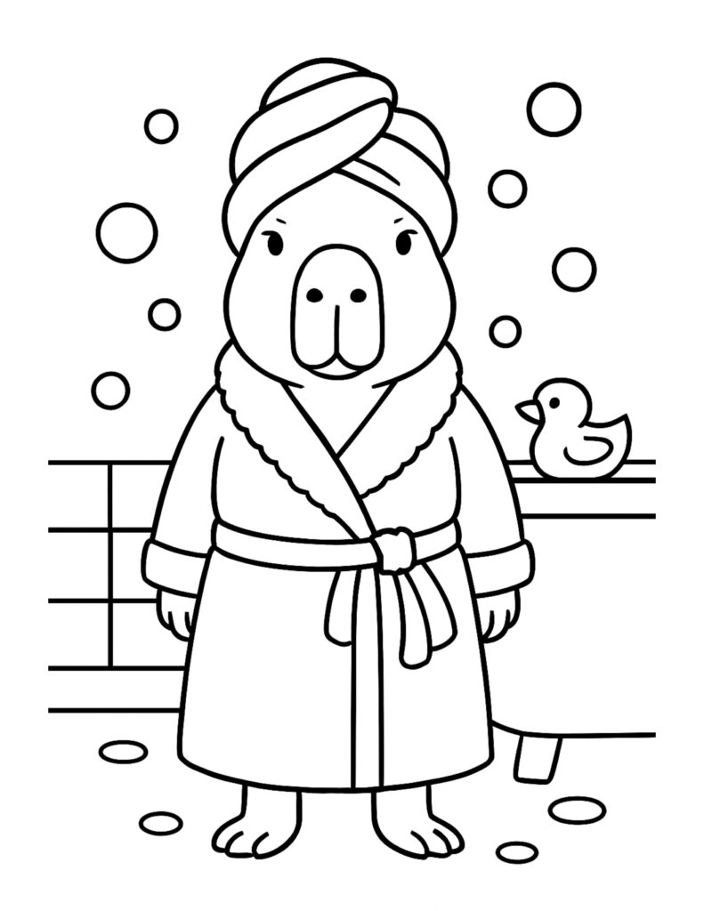 capybara spa day in bathroom coloring page, capybara in a bathrobe with towel turban and bubbles near a rubber duck, coloring page