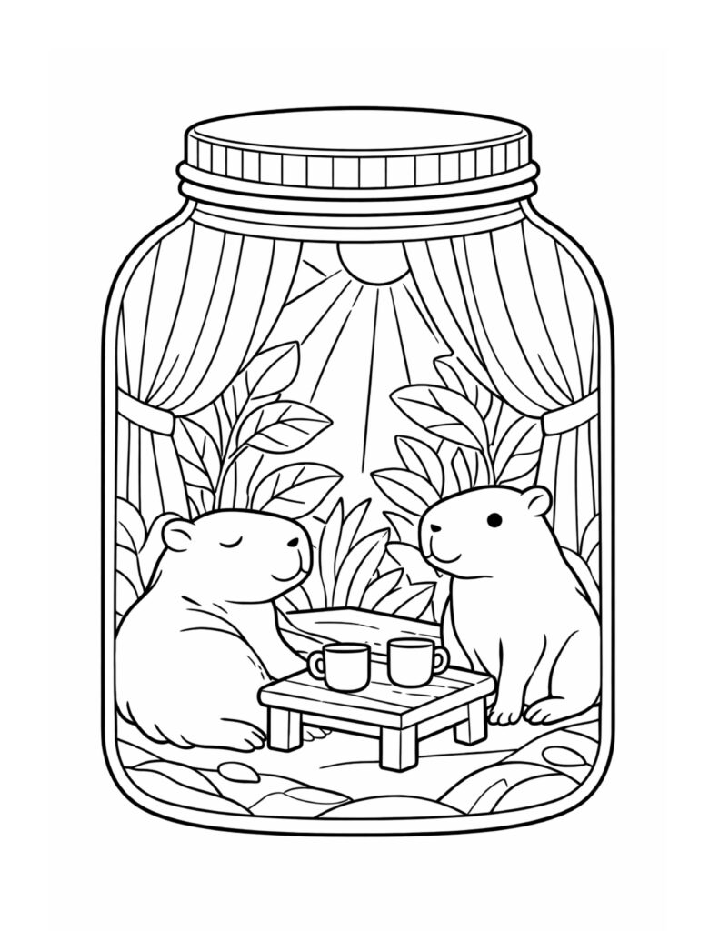 capybara tea time in jar coloring page with two capybaras at a small table, sun rays and curtains coloring page