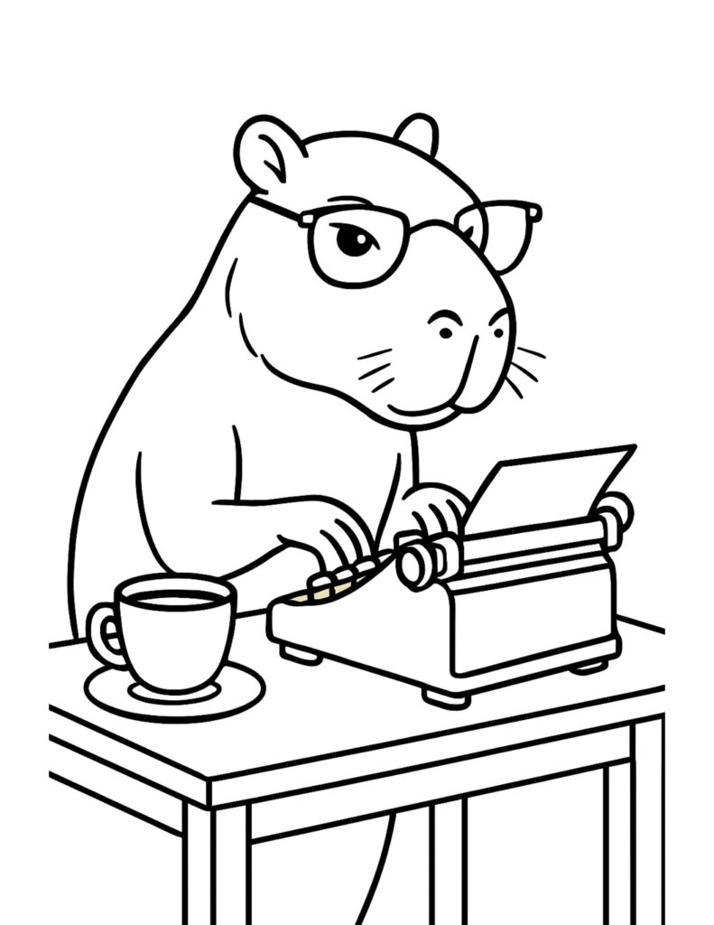 capybara typing on a typewriter coloring page with glasses at a desk beside a coffee cup coloring page