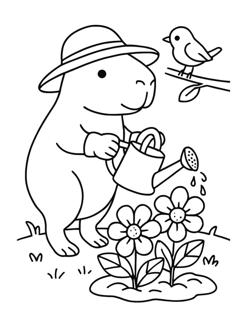 capybara watering flowers in garden coloring page, wearing a hat and watering blooms as a bird watches, coloring page