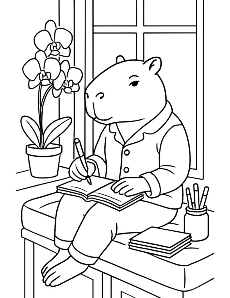 capybara writing in a notebook by the window coloring page, cozy window seat with orchid and pencils