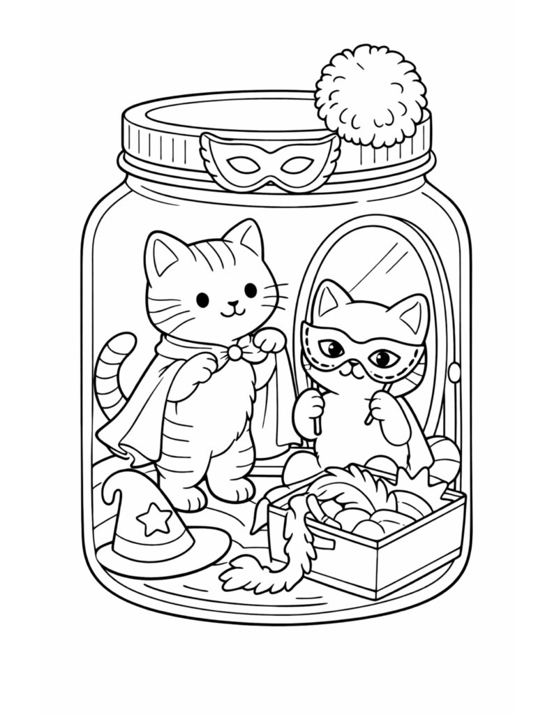 cats trying costumes in jar coloring page with two kittens, masks, and dress up props coloring page