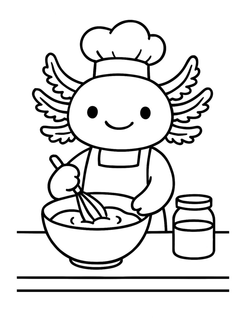chef axolotl whisking batter coloring page with chef hat, apron, and bowl coloring page
