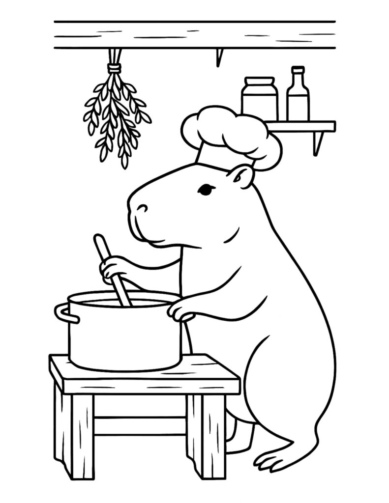 chef capybara stirring a pot in a kitchen coloring page