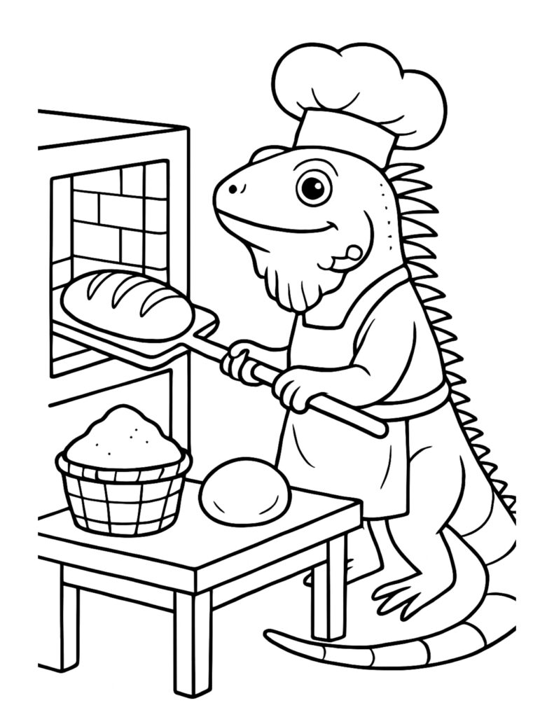 smiling lizard chef pulling a loaf from the oven, chef lizard baking bread coloring page