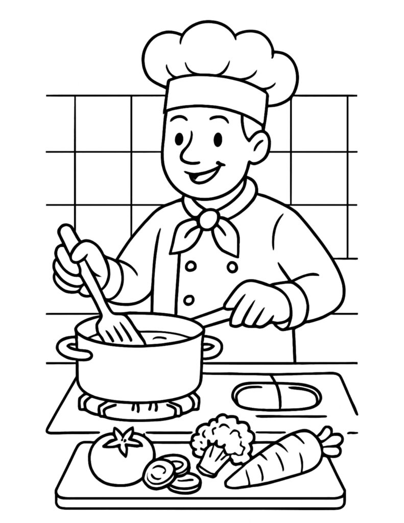 chef stirring soup pot coloring page with a smiling chef cooking on a stove and vegetables on a cutting board coloring page