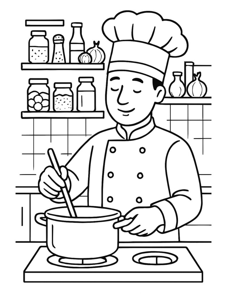 chef stirring soup pot coloring page with a smiling chef, large saucepan, and kitchen shelves coloring page