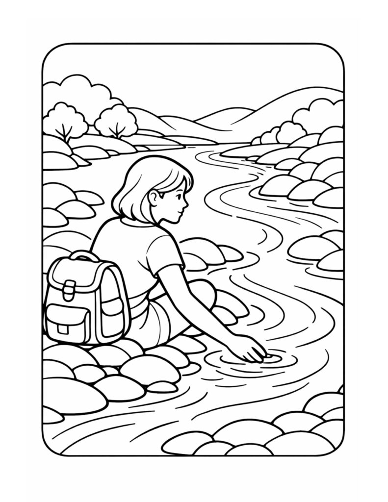 child touching river water coloring page, kid with backpack reaching into winding stream among smooth rocks coloring page