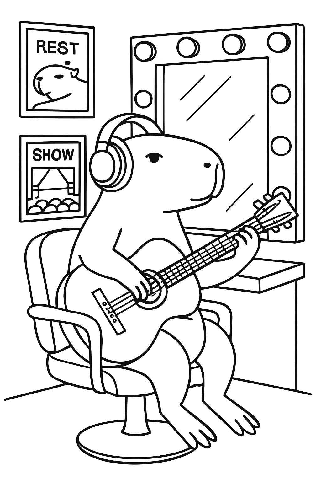 Cute Animal Playing Guitar Backstage music coloring page Cute Animal Playing Guitar Backstage music coloring page