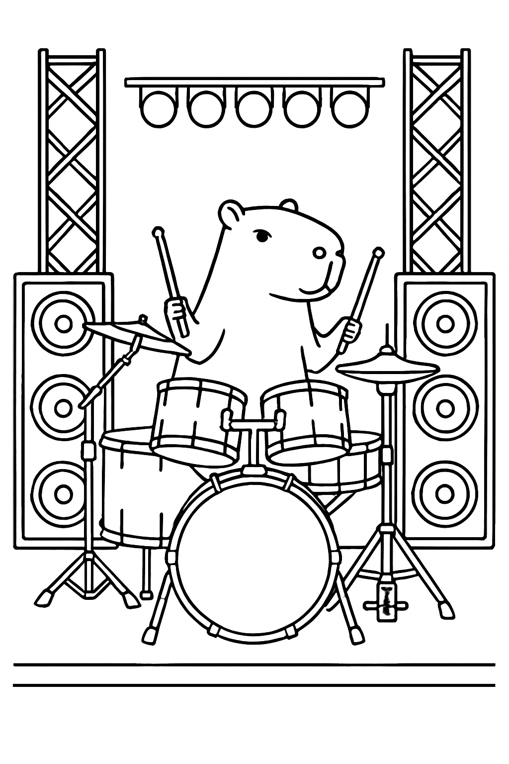 Bear coloring page – Drummer Bear Playing a Full Drum Kit on Stage Bear coloring page – Drummer Bear Playing a Full Drum Kit on Stage