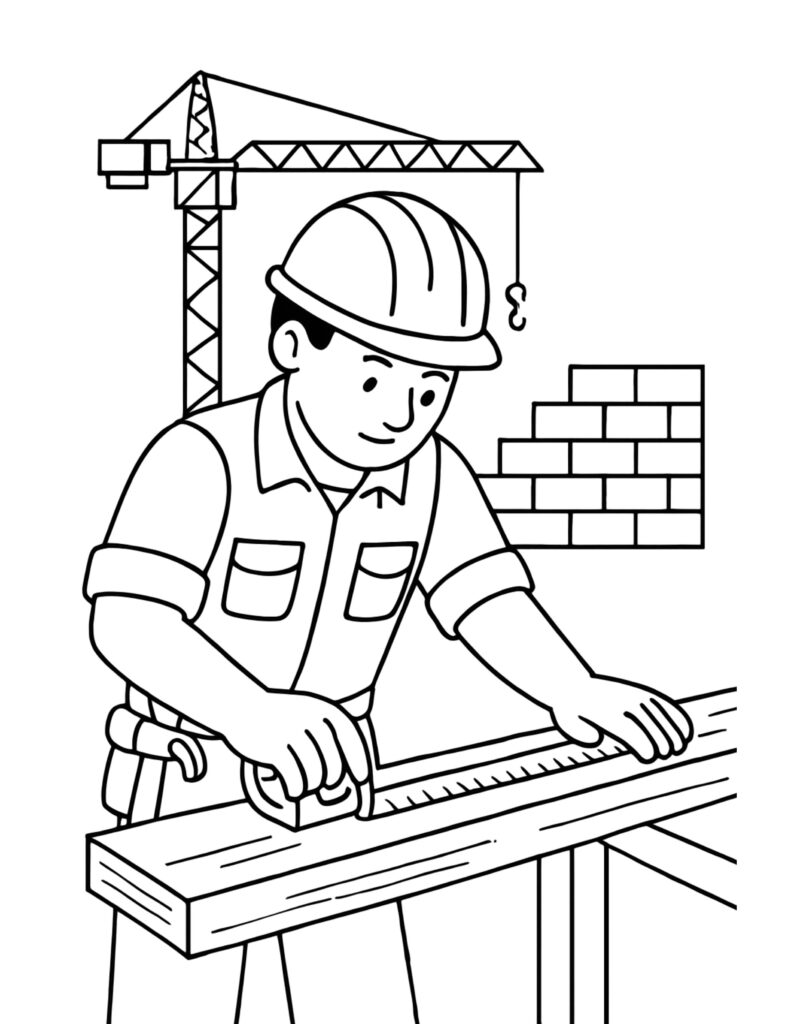 construction worker measuring lumber coloring page with a hard hat builder using a ruler at a workbench coloring page