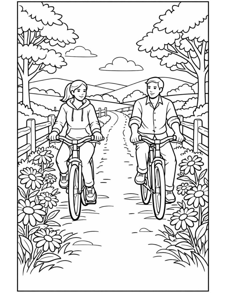 couple biking on country path coloring page with two cyclists, fences, flowers, and rolling hills coloring page