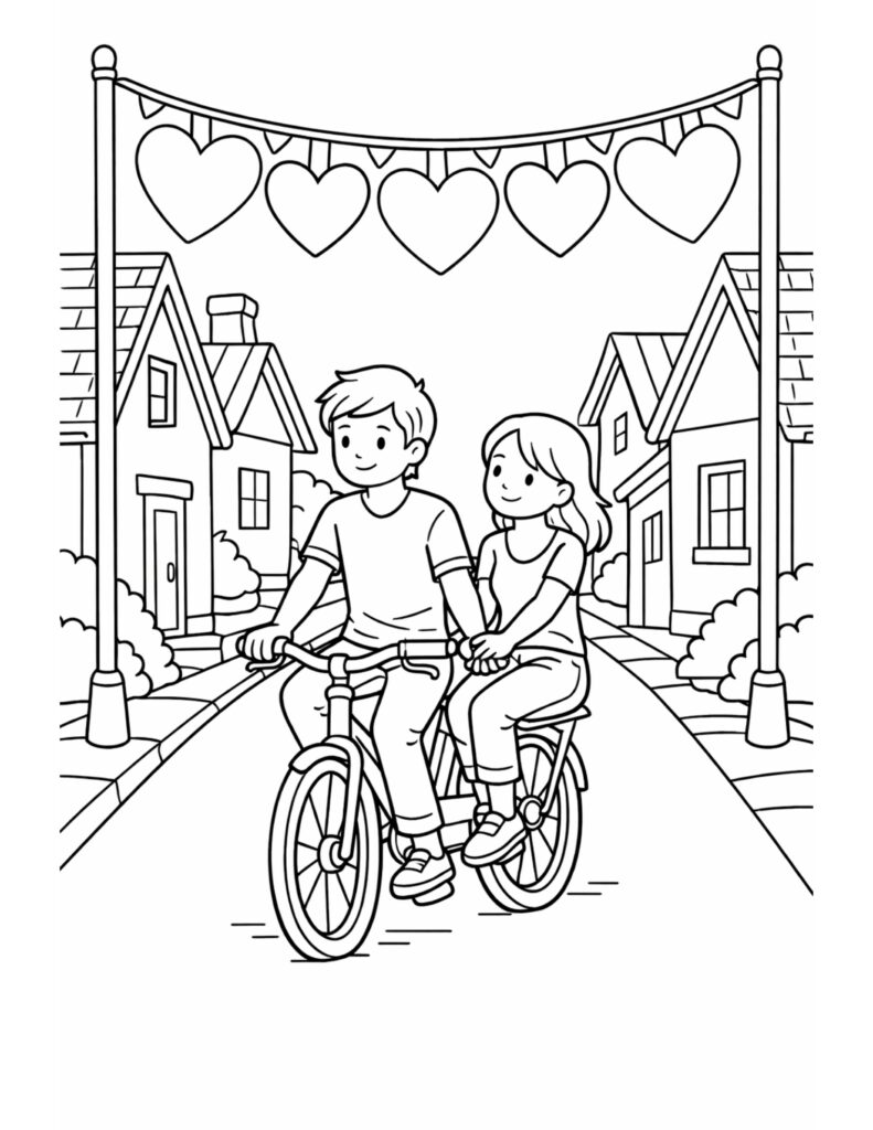 couple biking under heart garland coloring page showing two kids riding a bicycle between houses coloring page