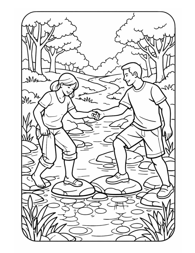 couple crossing stepping stones stream coloring page with two people holding hands over a shallow creek, coloring page