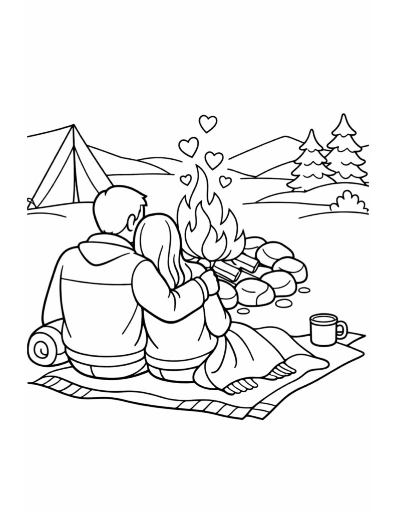 couple cuddling at campsite fire coloring page with tent, blanket, mug, and floating hearts coloring page
