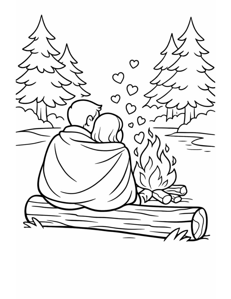 couple cuddling by campfire coloring page with a blanket wrapped couple on a log, pine trees, and a glowing fire coloring page