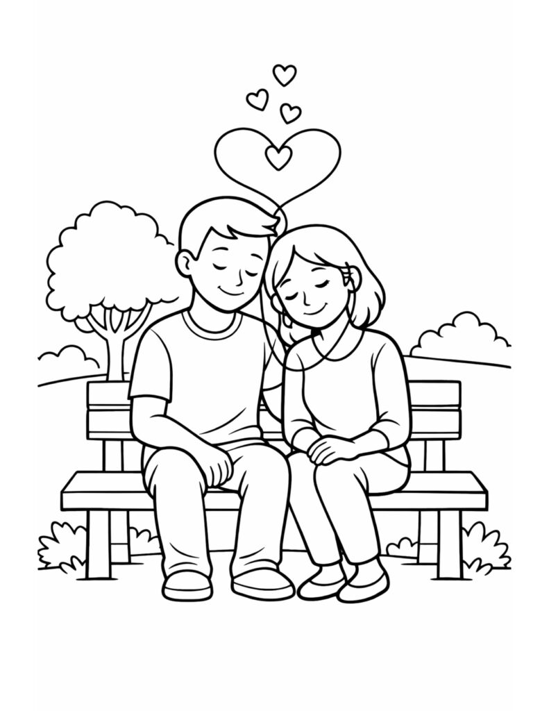 couple cuddling on park bench coloring page with two people leaning together, a big heart above, and small hearts floating coloring page