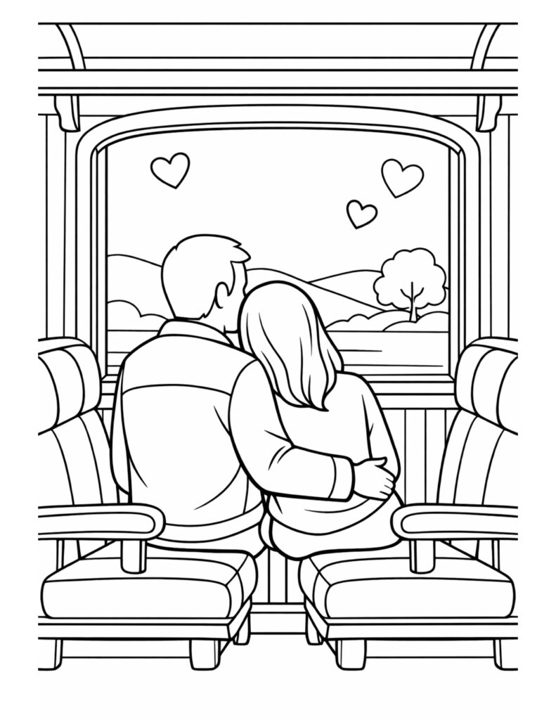couple cuddling on train coloring page with hearts outside the window and cozy seats, line art coloring page