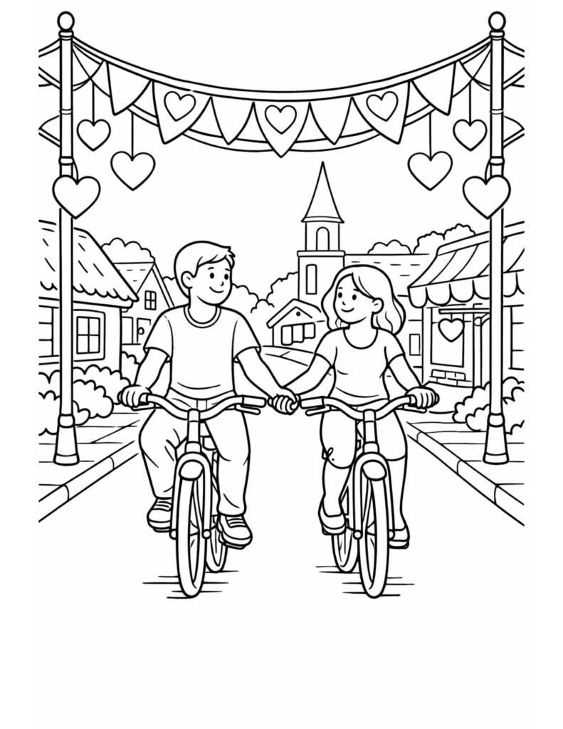 couple cycling holding hands downtown coloring page with two riders under heart bunting on a small town street coloring page