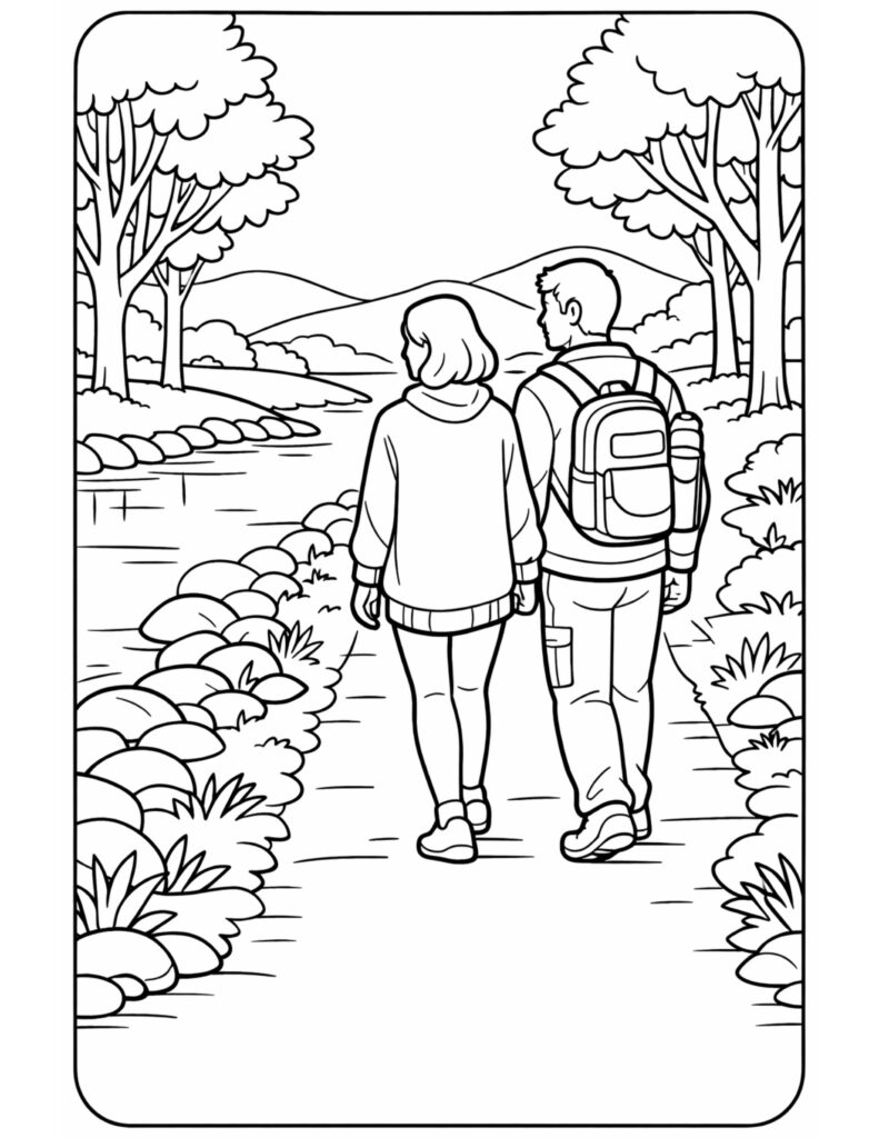 couple hiking beside a river coloring page with two hikers on a trail, trees, rocks, and hills, coloring page