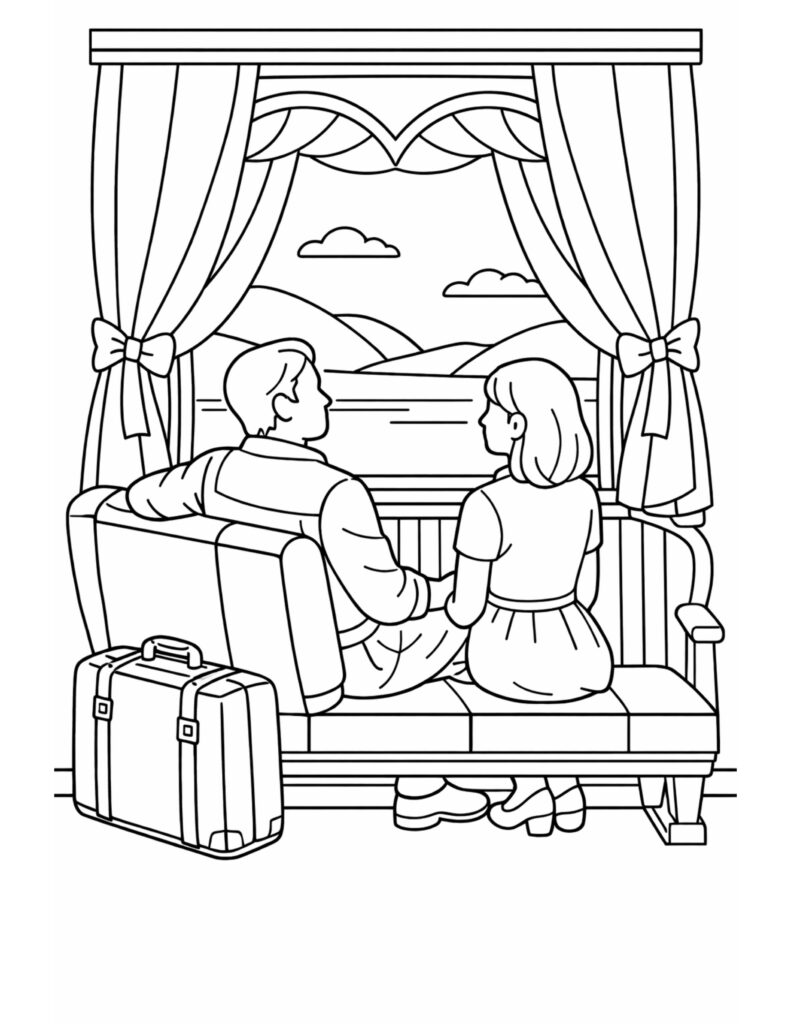 couple holding hands by window coloring page with a seated couple on a bench, curtains, and a travel suitcase coloring page