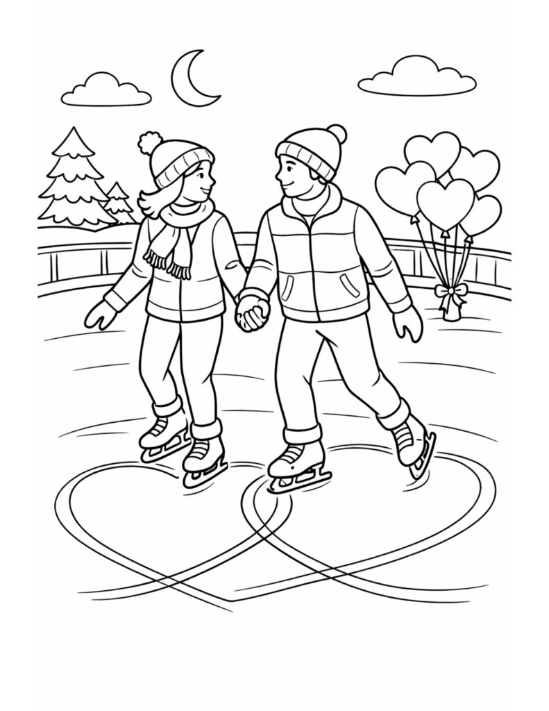 couple ice skating holding hands coloring page featuring a moonlit rink, heart balloons, and a big heart on the ice coloring page