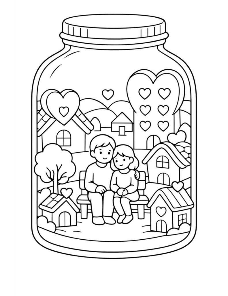 couple in love jar village coloring page with a couple on a bench inside a jar and heart houses coloring page