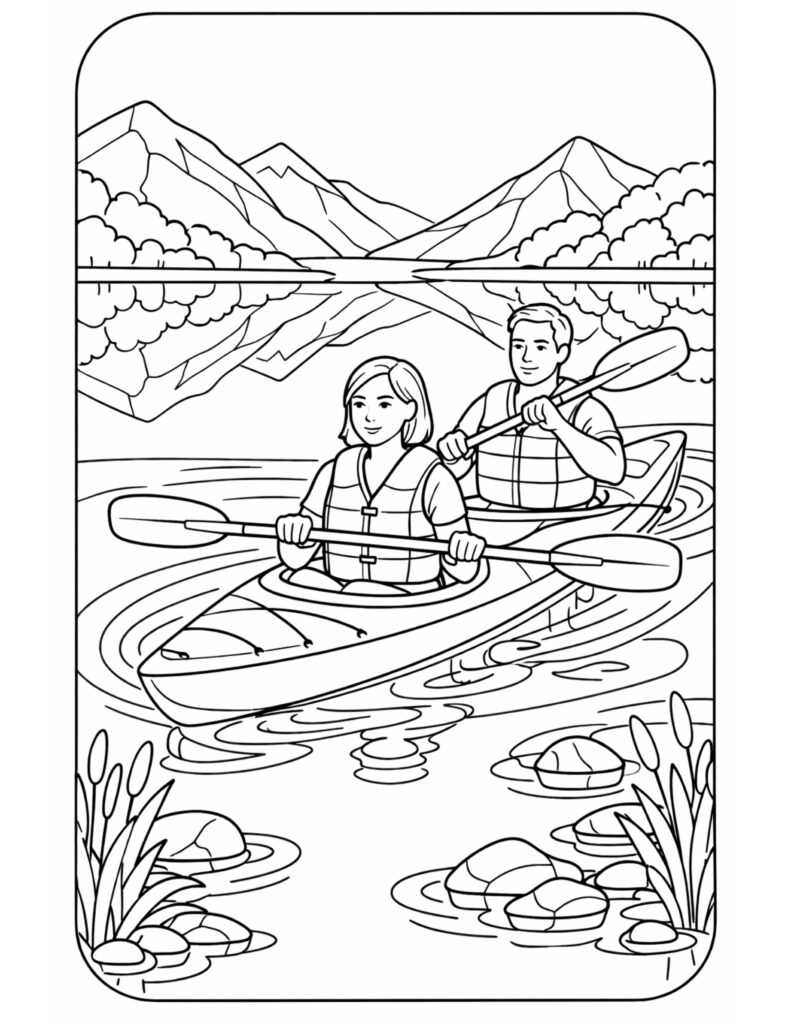 couple kayaking on mountain lake coloring page with two kayakers, paddles, and peak reflections coloring page