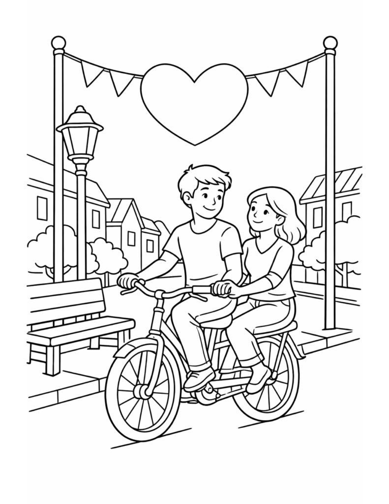 couple riding bicycle under heart coloring page with a smiling couple on a town street and heart banner coloring page