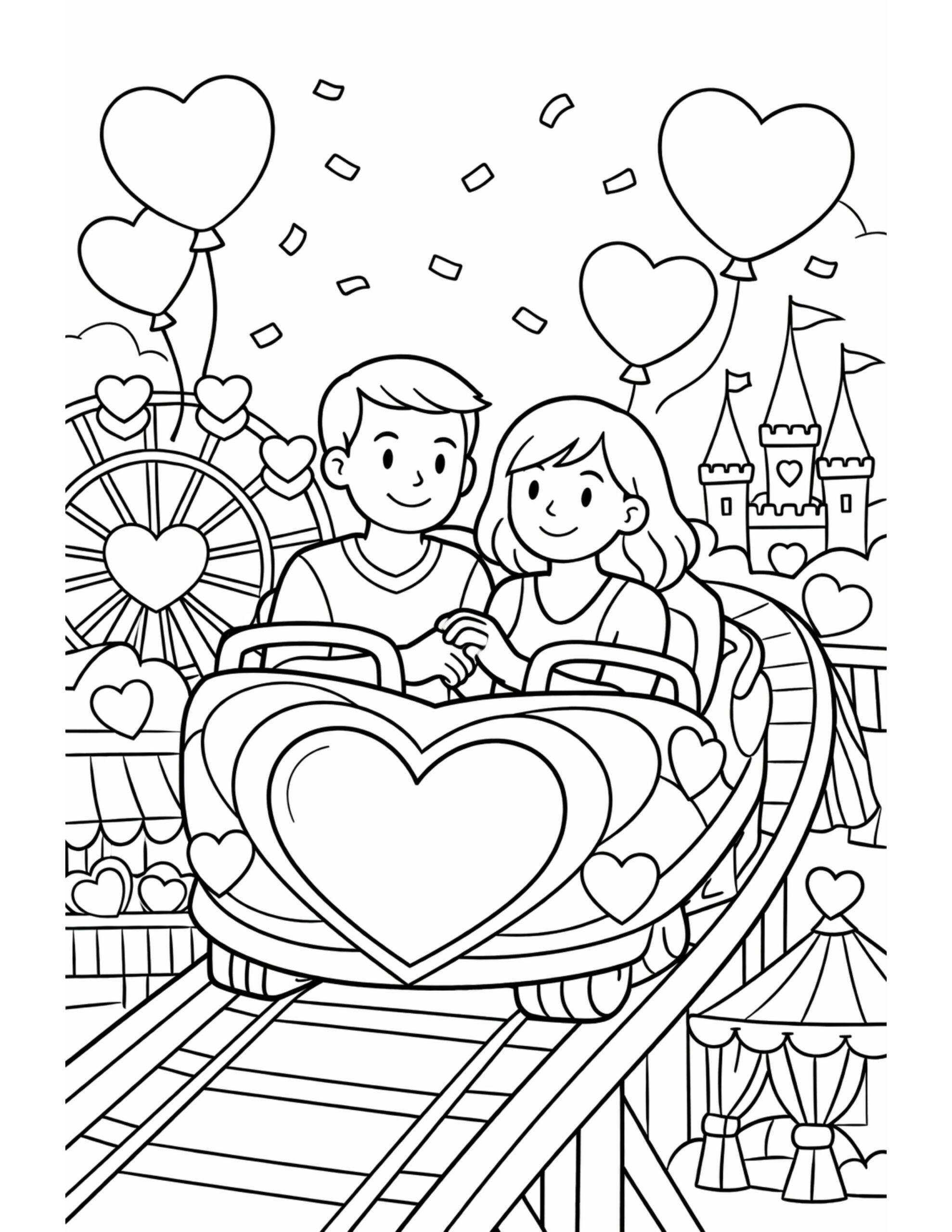 couple riding heart roller coaster coloring page featuring a heart ride car, balloons, and confetti coloring page